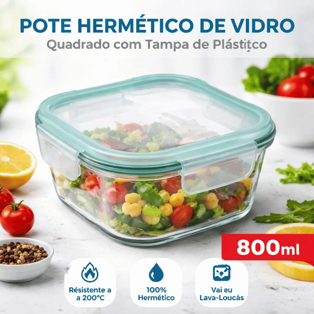 Pote Hermético Vidro 800ml Quadrado Tampa Plástico 200° - Casíta / Porta Alimentos Mantimentos