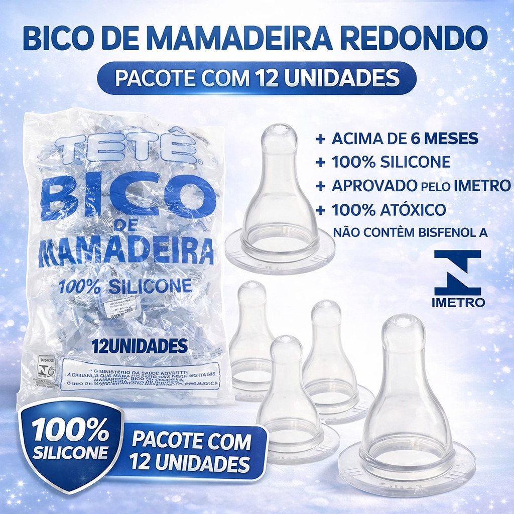 Kit 12 Un Bico de Mamadeira Redondo 100% Silicone Para Bebê Tetê Aprovado Pelo Inmetro