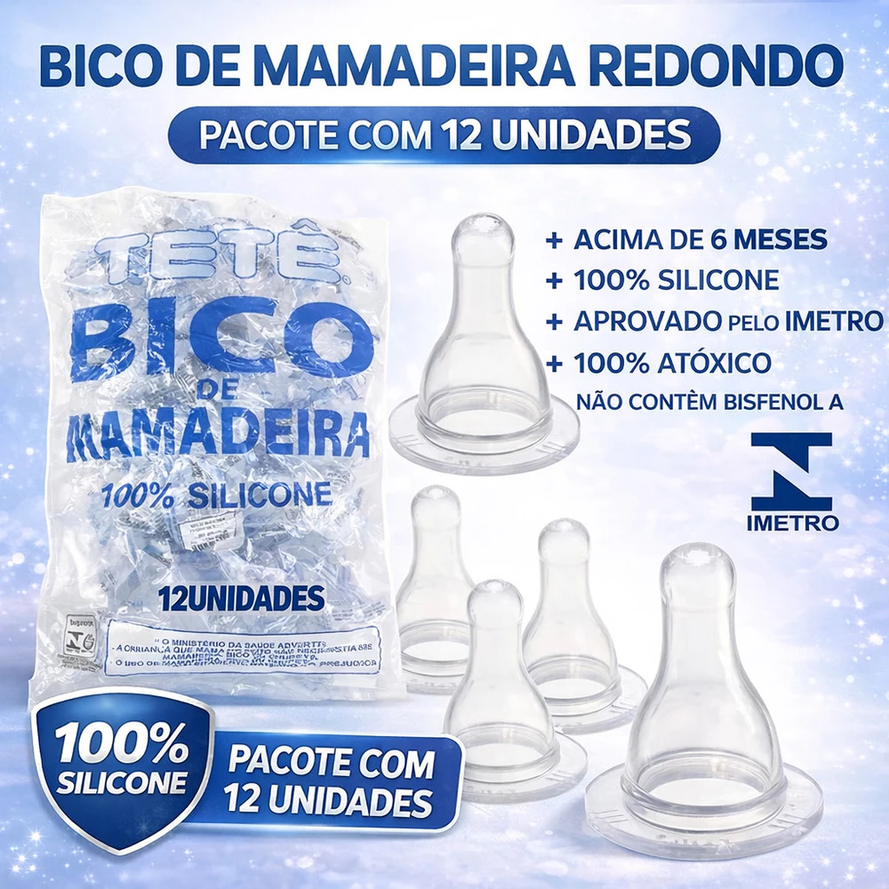 Kit 12 Un Bico de Mamadeira Redondo 100% Silicone Para Bebê Tetê Aprovado Pelo Inmetro