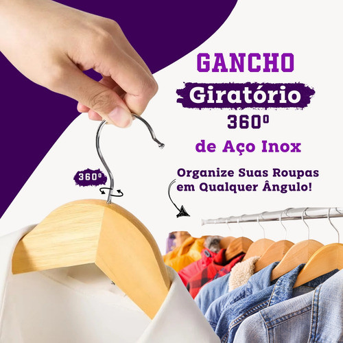 Kit 20 Cabide De Madeira Adulto Grande Antideslizante Marfim Natural Gancho 360° Camisa Calça Jaqueta Blusa — imagem 2 de 2
