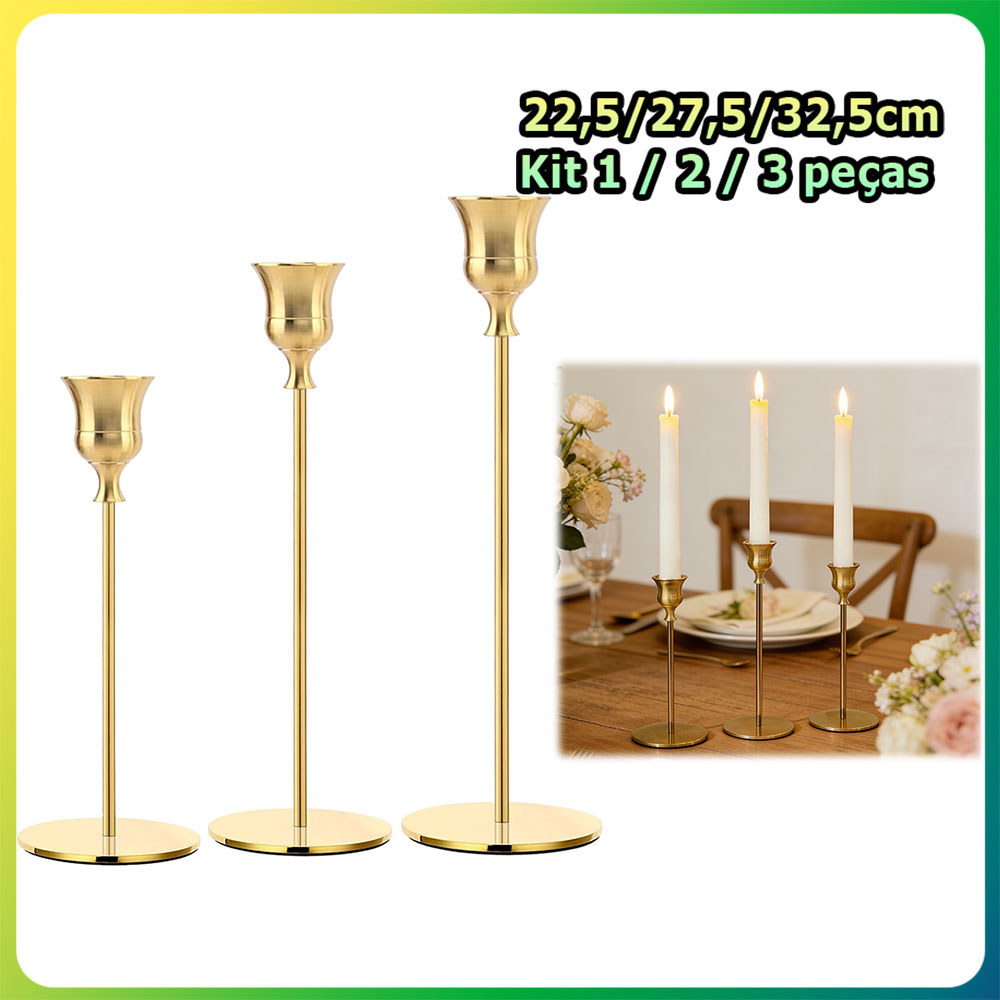 Kit Castiçais em forma de trombeta suportes para velas castiçais altos para casamentos jantares festas Dourado