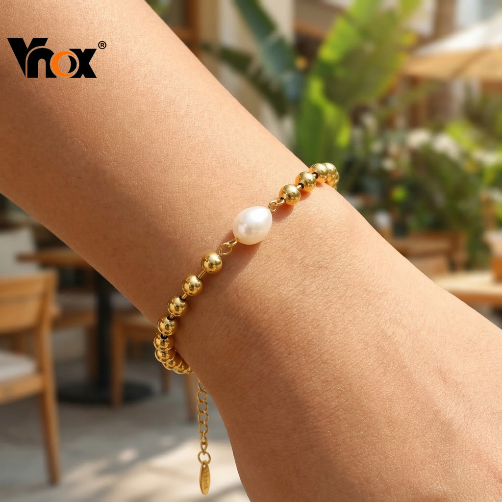 Pulseira De Contas De Ouro 18k Vnox Para Mulheres , Elegante Presente Anti-Manchas De Aço Inoxidável