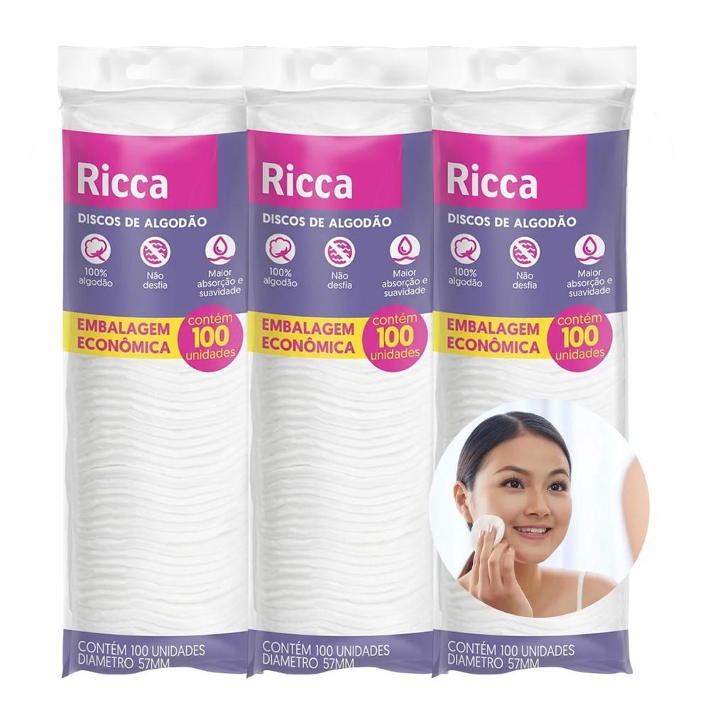 Kit 3 Disco de Algodão  com 100un Removedor de Maquiagem Limpeza de Pele Rosto Skin Care Ricca