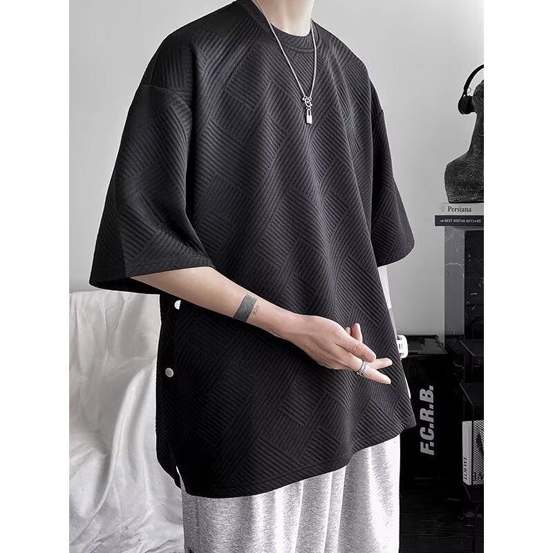 Camiseta Waffle pesada masculina Design sentido nicho dividido abotoado topo verão meninos de manga curta solta meia-