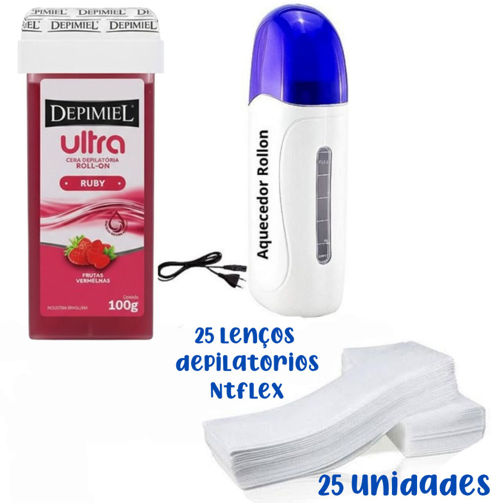 Kit Aquecedor Cera Roll On + Cera Depilatória Depimiel Ultra + Papel Removedor De Cera.