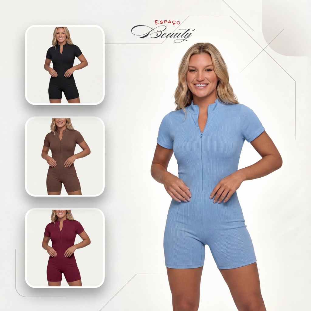 Macacão Macaquinho Curto Canelado Feminino Moda Gringa Estiloso