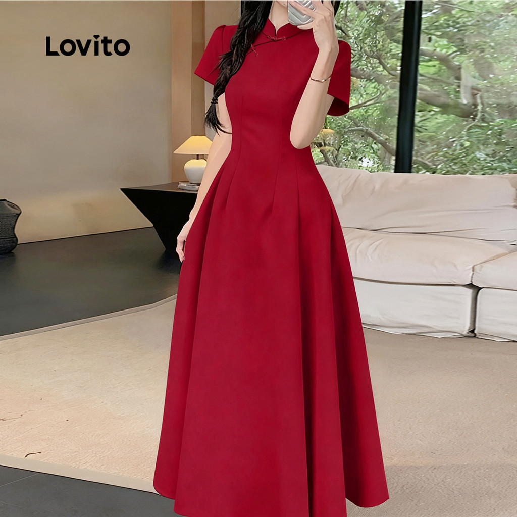 Lovito Vestido Casual Estilo Chinês Cheongsam Qipao Vermelho Primavera/verão Cor Vinho Para Mulheres LK2AD227 em Oferta na Shopee