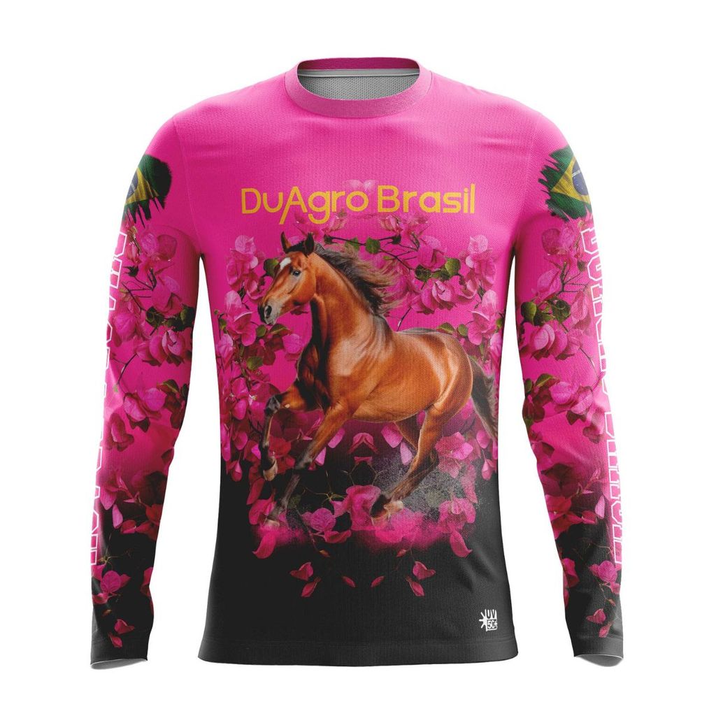 Camiseta Térmica Sublimada Manga Longa Feminina DuAgro Cavalo e Flores Suplex Dry UV