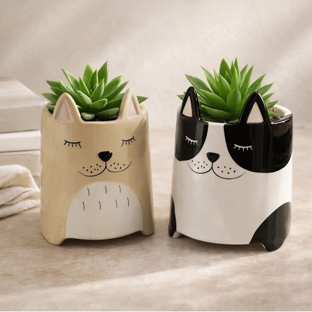 Cachepot de Cerâmica Stay Alert Branco Marrom 15cm - House36 / Decoração Mesa Planta Vaso Conjunto
