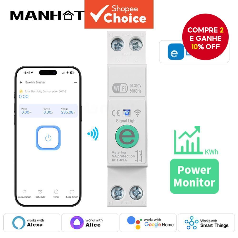 EweLink 63A Smart Din Rail Switch Disjuntor Inteligente com Medição de Tensão e Corrente Proteção Compatível com Alexa em Oferta na Shopee
