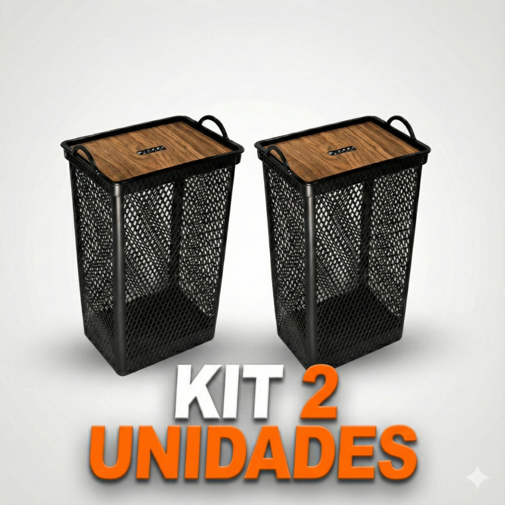 2 Cesto Organizador 49 Litros Telado Tampa Madeira - Banheiro e Lavanderia