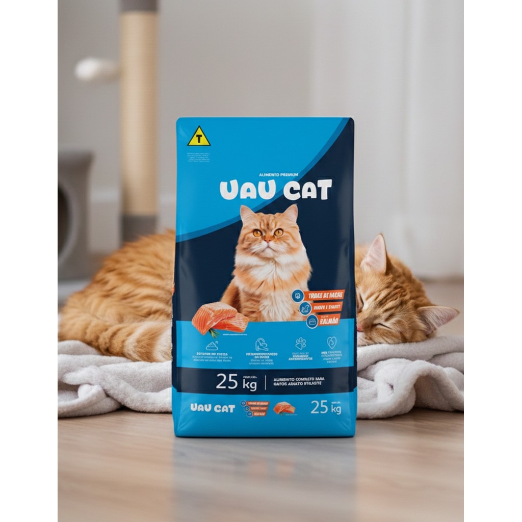 Ração Gato Uau Cat Adulto Filhote Salmão 25kg Todas Raças Premium Yucca Sem Corante