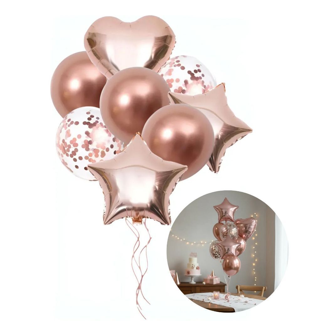 Kit Festa Buquê Rosé Gold – Coração + 2 Estrelas 18'' + 7 Balões (10 Peças) em Oferta na Shopee