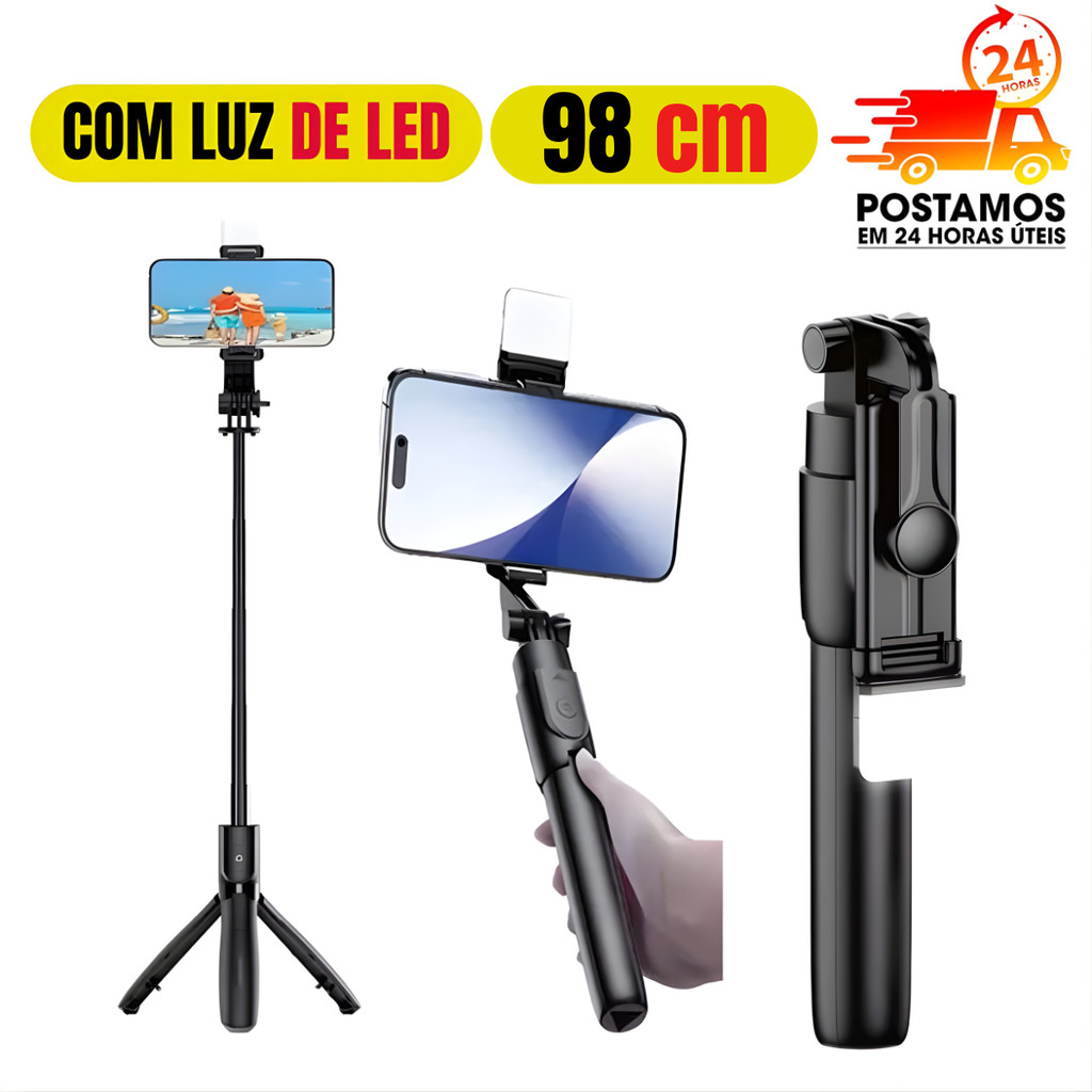Bastão Pau de selfie Com 98cm Tripé Retrátil Com Luz LED Controle Bluetooth Celular
