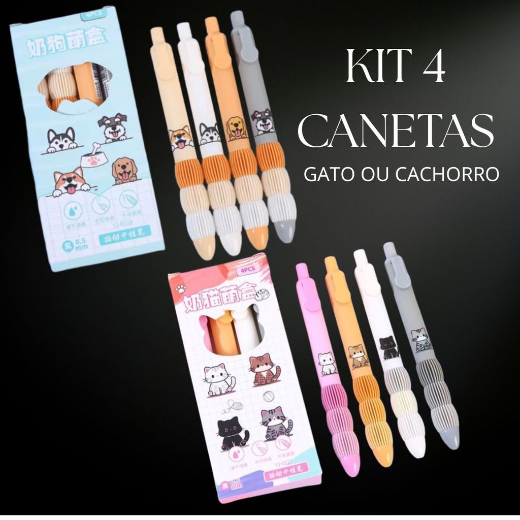 KIT 4 CANETAS EM GEL TEMÁTICA GATO OU CACHORRO COM APOIO PARA OS DEDOS EM BORRACHA| MATERIAL ESCOLAR