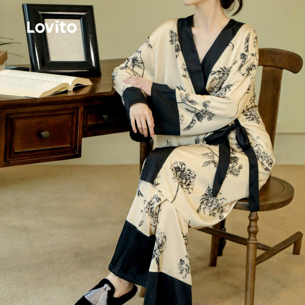 Lovito Robe 2 Peças Seda Estampa Floral Solta Amarração Primavera/Verão LNE130096 em Oferta na Shopee