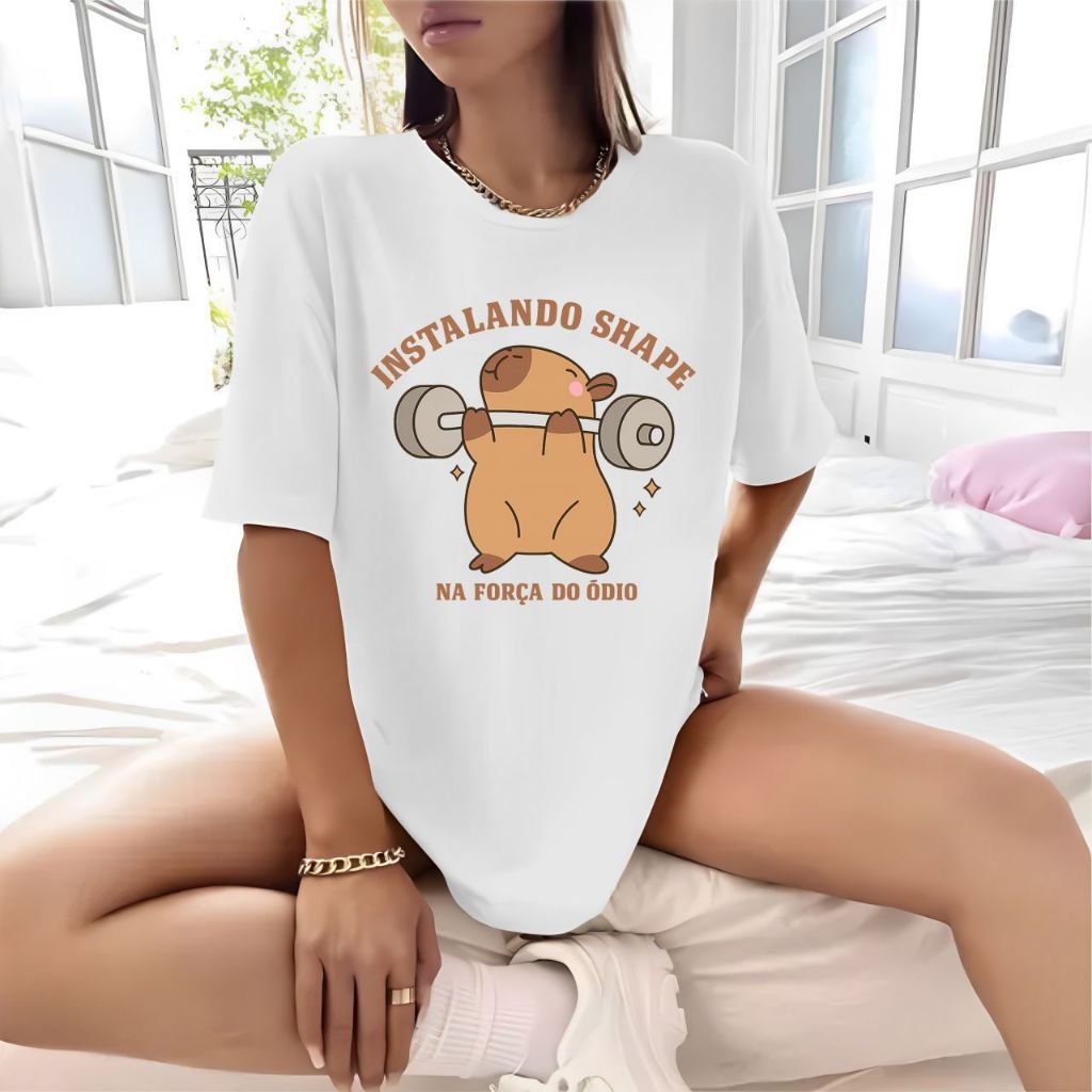 Camiseta Tshirt Oversized 100%Algodão Academia Fitness Gym Treino Musculação Feminina Capivara Fit