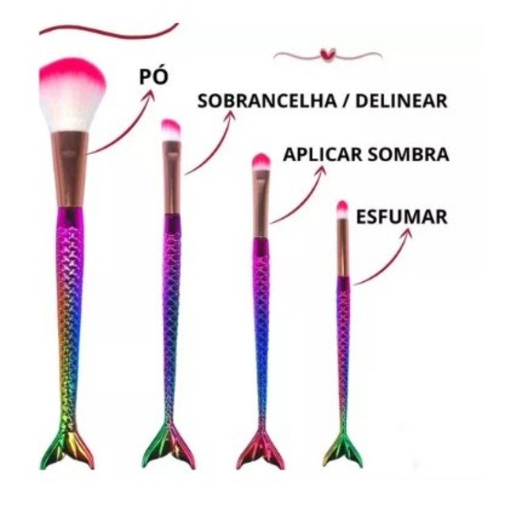 Kit 4 Pincel Sereia de Maquiagem Blush Contorno Pó Sombra da linda moda popular Unicórnio — imagem 2 de 2