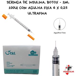 Seringa de Insulina Botox 1ml 100UI com Agulha Fixa 6 x 0,25 - UltraFina em Oferta na Shopee