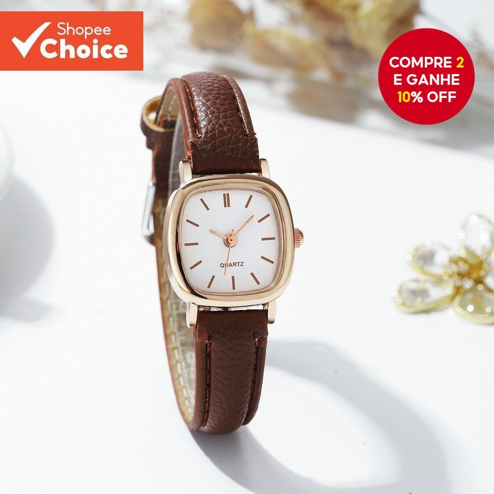 Relógio De Quartzo Feminino Com Rosto Quadrado , Preto , Marrom , Pulseira De Couro , Mostrador Pequeno , Para Uso Diári