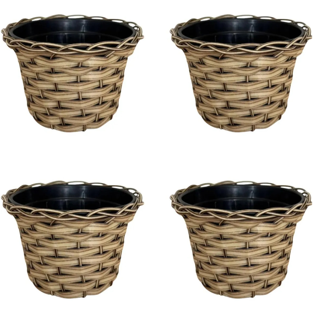 Kit 04 Vasos Decoração Plantas Enfeite Cachepot Plastico Vime Trançado -Cappuccino