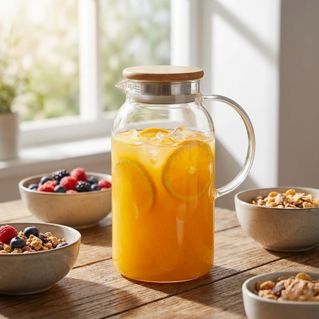 Jarra Vidro Borossilicato 1.8L Tampa Bambu Resistente Calor Água Suco Chá