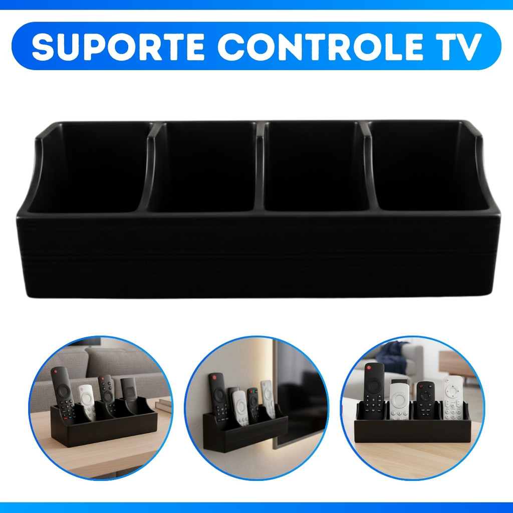 Suporte Controle de Televisão Preto Organização 4 Divisões Parede e Mesa