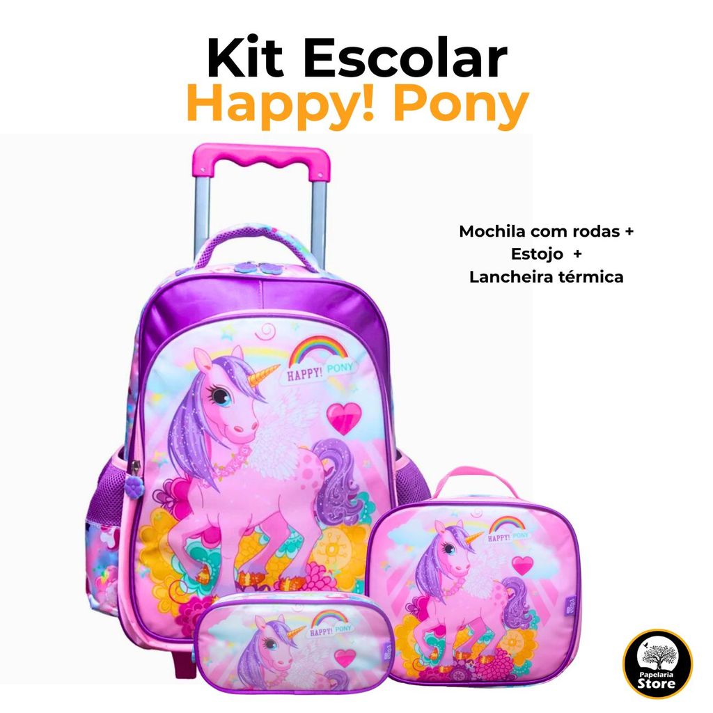 Kit Escolar Infantil Happy Pony Mochila Carrinho Lancheira Térmica