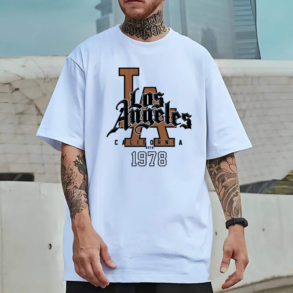 Camiseta Oversized Masculina 100% Algodão Estampa Moderna Los Angeles 1978 Moda Urbana Streetwear