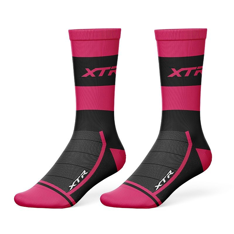 Meia Ciclismo Esportiva Cano Longo Xtr Compressão Média Cano Longo Rosa Poliamida