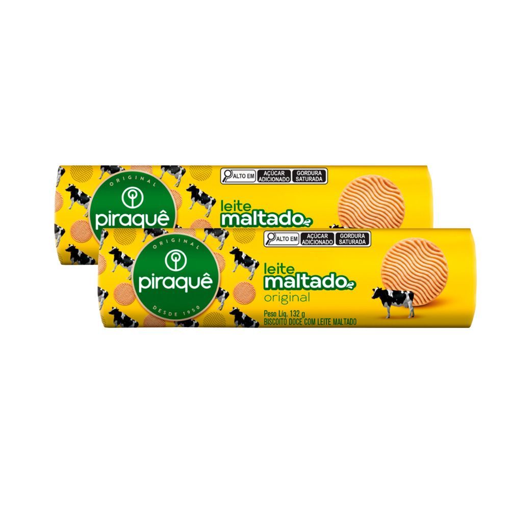 Kit 2 Biscoito Piraque Leite Maltado Original 132g