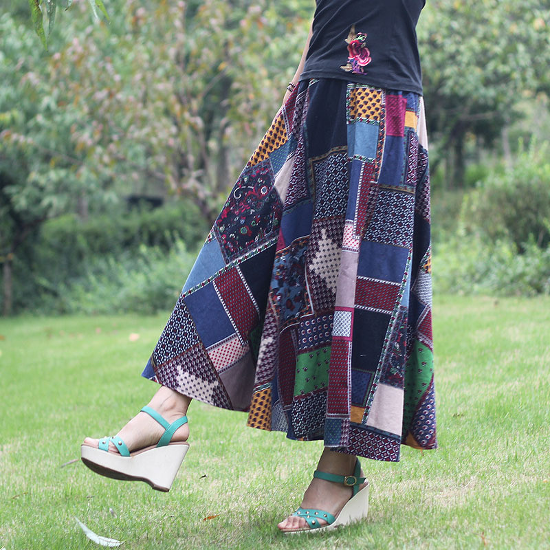 Saia Maxi de Algodão e Linho Boho Feminina – Saia Longa com Estampa Étnica Vintage e Patchwork