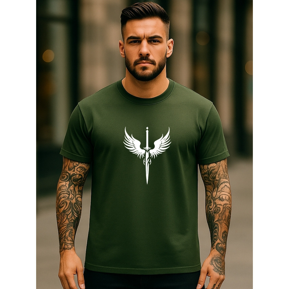 Camiseta Masculina Streetwear Estampa Cruz Com Asas Em Algodão Lançamento Manga Curta