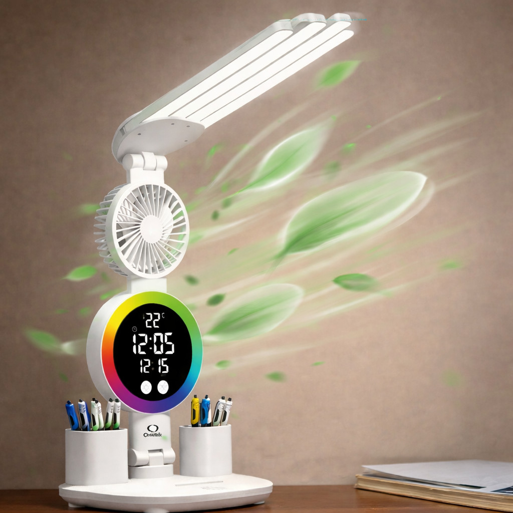 Luminária de Mesa LED Touch Ventilador Integrado Display Claro Relógio USB Ajustável ON-LM312