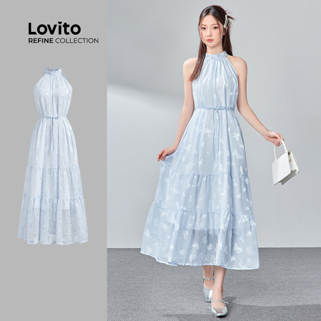 (Lovito Refine) Vestido Boho Simples Jacquard Azul Vestido De Verão/primavera Para Mulheres LR11AD076 em Oferta na Shopee