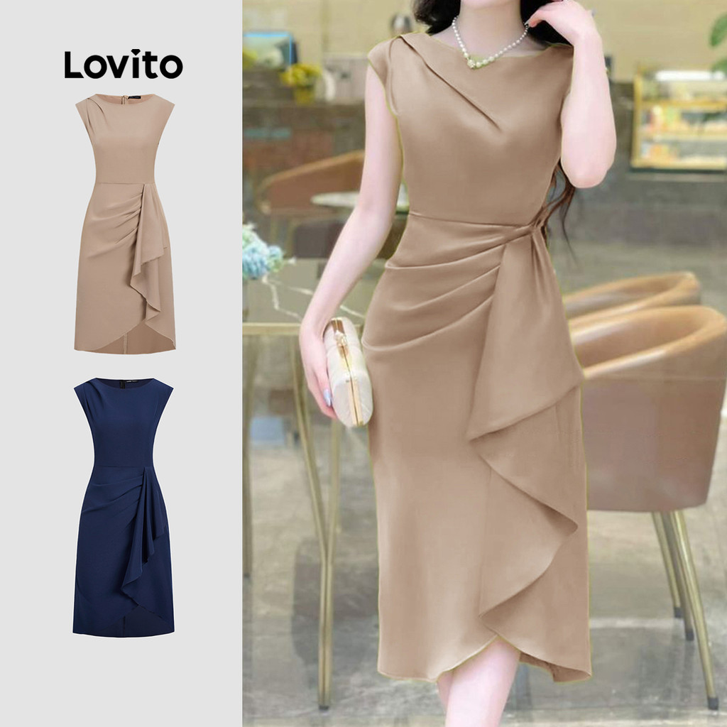 Lovito Vestido Elegante Assimétrico com Pregas para Trabalho Na Primavera/verão Vestido caqui L155ED1811