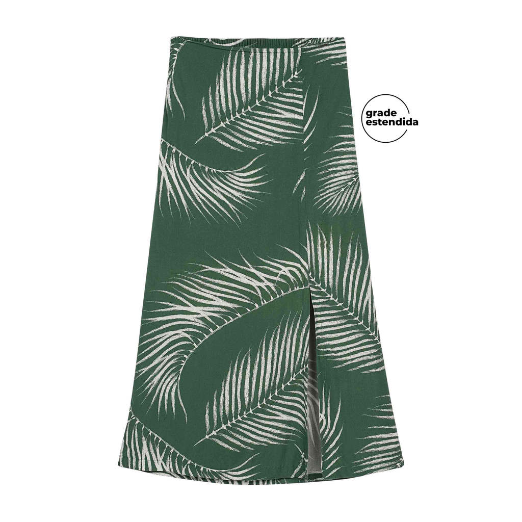 Saia Feminina Midi Floral Com Fenda Marialícia Verde