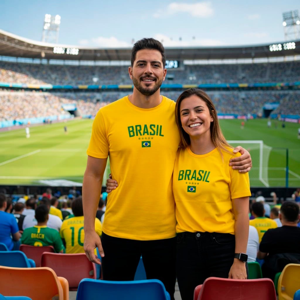 Kit Casal Com 2 Camisetas Estampada Brasil Copa do Mundo Masculina Feminina Unissex em Algodao
