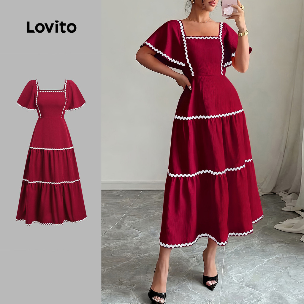 Lovito Vestido Elegante com Trança Babado Primavera/verão Vestido Vermelho para mulheres LBL29338 em Oferta na Shopee