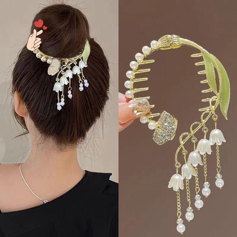 [PEBR] Elegante Garra De Cabelo Pílula Cabeça Rabo De Cavalo Bule Pérola Strass sel Tubarão Clipe Grampo Cocar [fa]