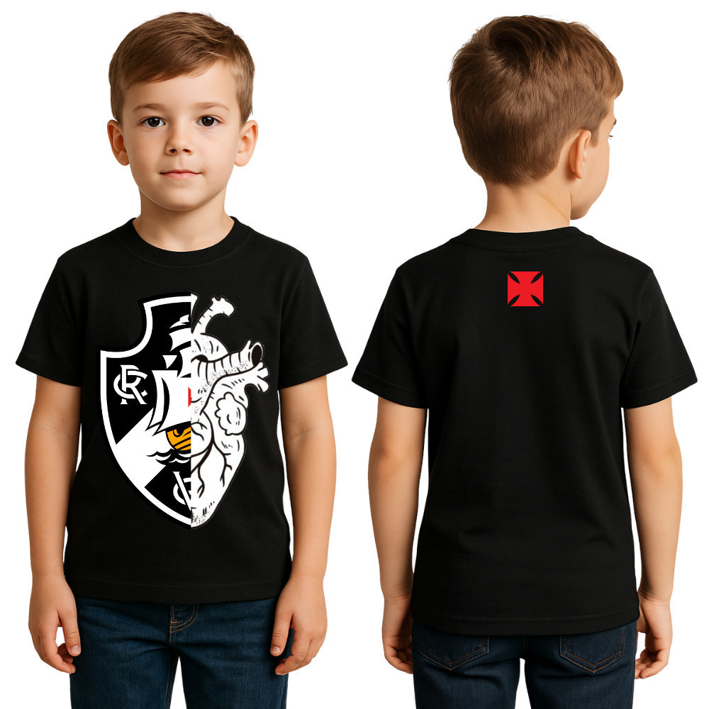 Camiseta Times Blusa Infantil Juvenil 100% Algodão Preta Coração Escudo Futebol, torcedor