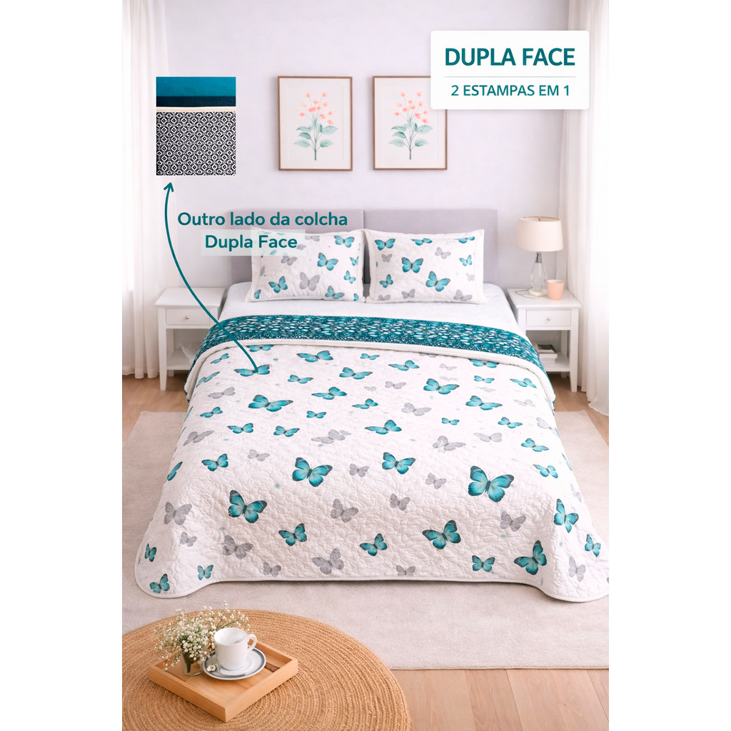 Kit Colcha Cobre Leito Casal Queen Dupla Face 2 Porta Travesseiros Estampada Matelado em Oferta na Shopee