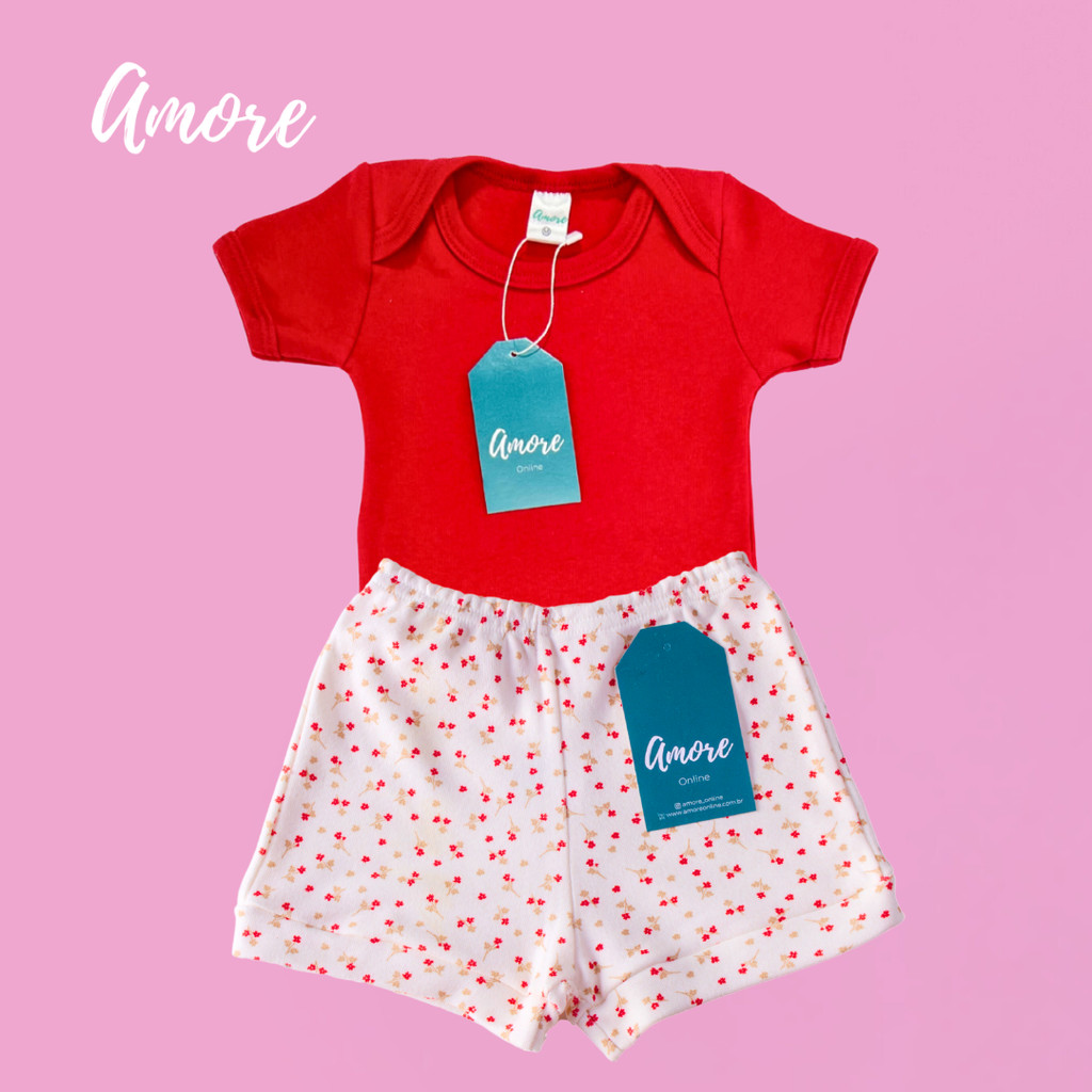 Conjunto Body Manga Curta Amore Vermelho e Short Florzinha 100% Algodão