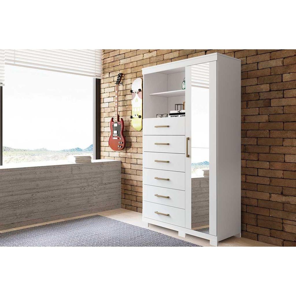 Cômoda Casal Marabá 1.6 c/ 1 Porta 2 Nichos e 6 Gavetas c/ Espelho e Pés Branco - Santos Andirá em Oferta na Shopee