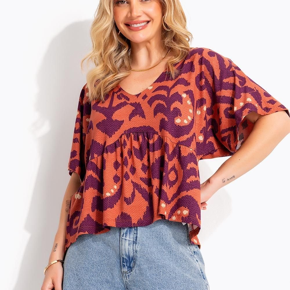 Blusa Em Malha De Viscose Abstrato Laranja Quintess