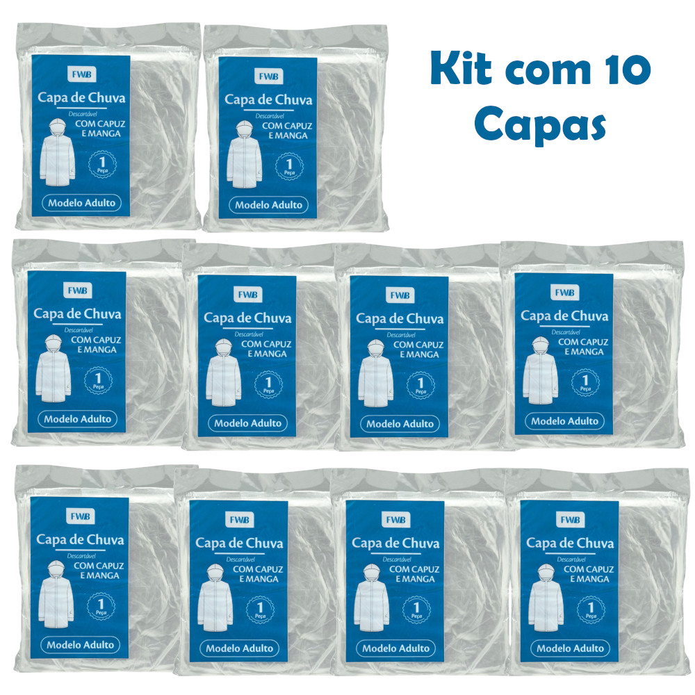 Kit 1 à 10 Capa de Chuva - COM CAPUZ E MANGA - Modelo Adulto - Descartavél