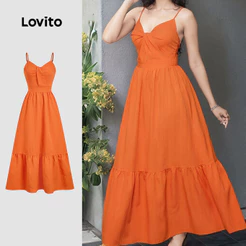 Lovito Longa Férias Vestido Babado Na Bainha Linha Estrutura Primavera/verão Vestido Laranja para mulheres LBL33017