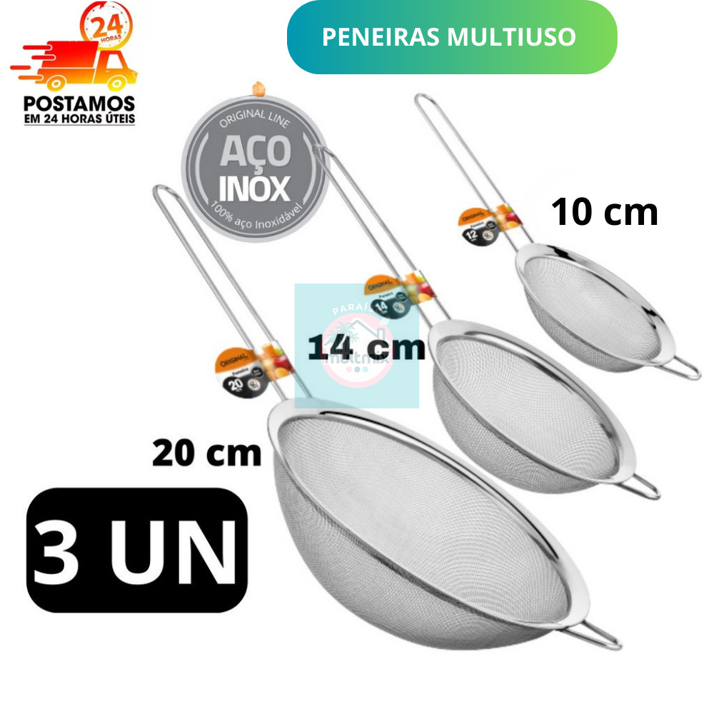 Kit 03 Peneira Coador Manual Em Aço Inox Para Cozinha 10cm 14cm 20cm em Oferta na Shopee