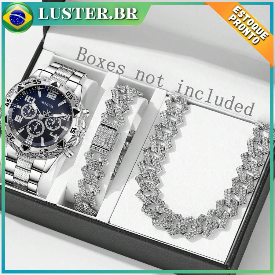 Relógio Masculino Quartzo com Acessórios: Quartzo + Pulseira + Colar | Inoxidável Prateado | Casual e Formal
