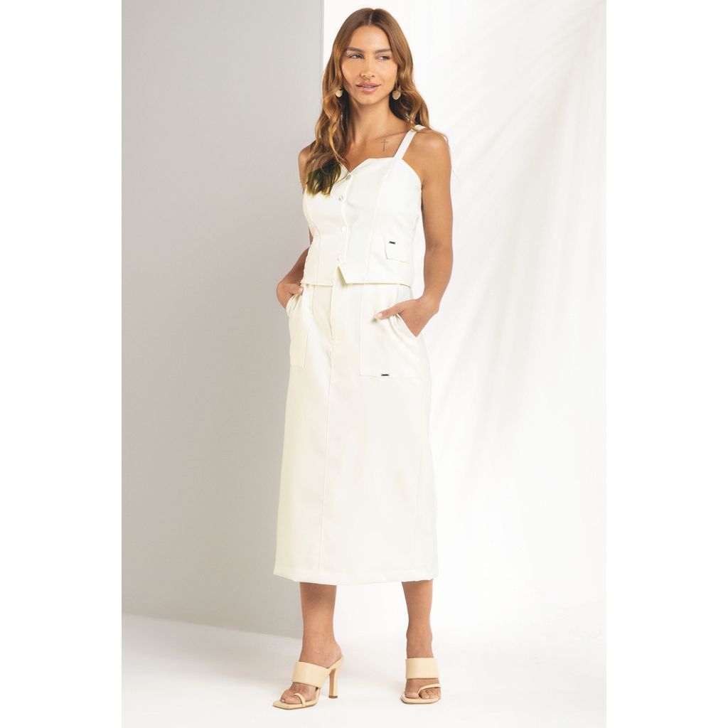 Saia Feminina Alfaiataria Marialícia Bege em Oferta na Shopee